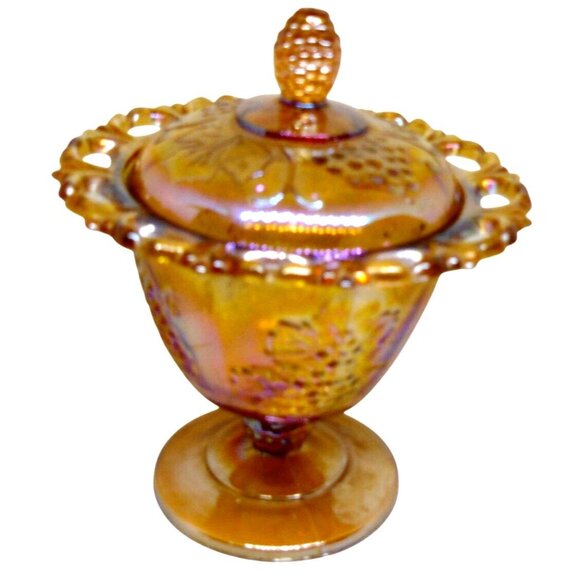 Carnival Glass Amber Marigold Grape Vine Harvest Pedestal Compote Candy Dish Lid - Picture 1 of 9